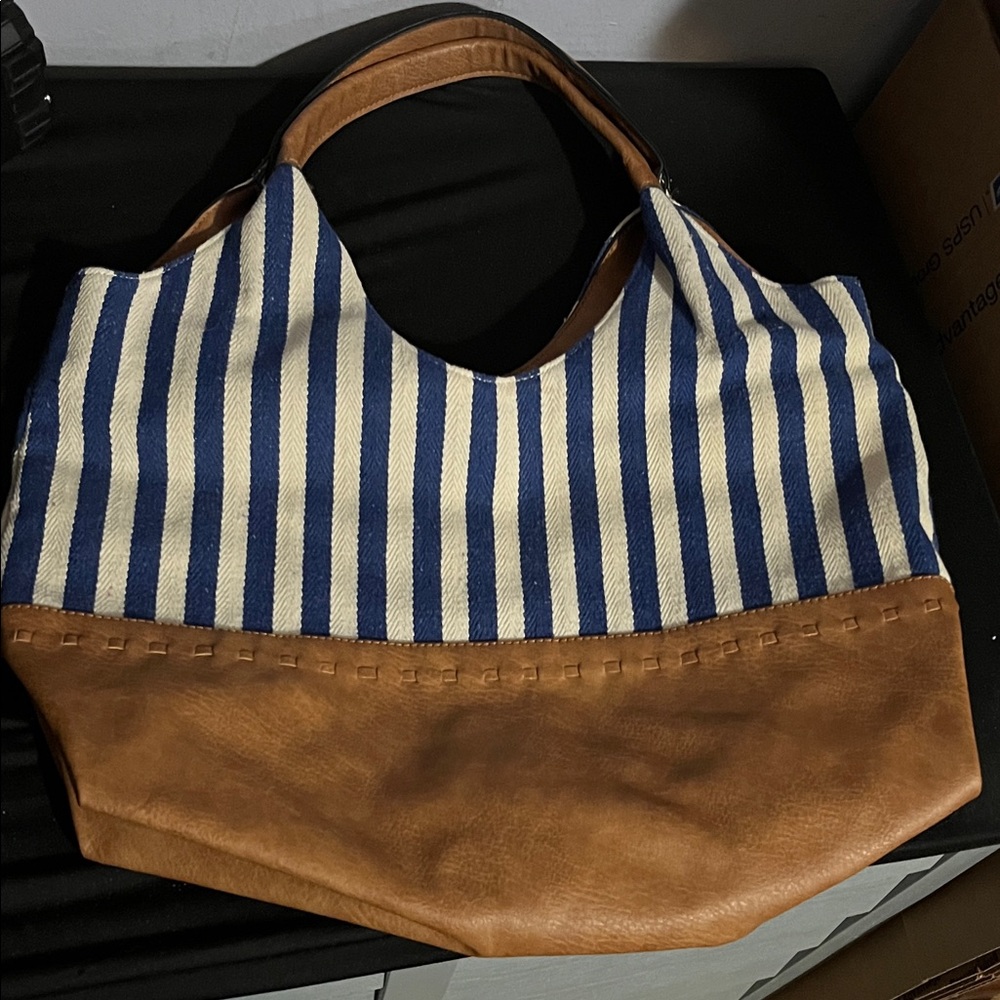 Bueno Navy and Tan Striped Tote
